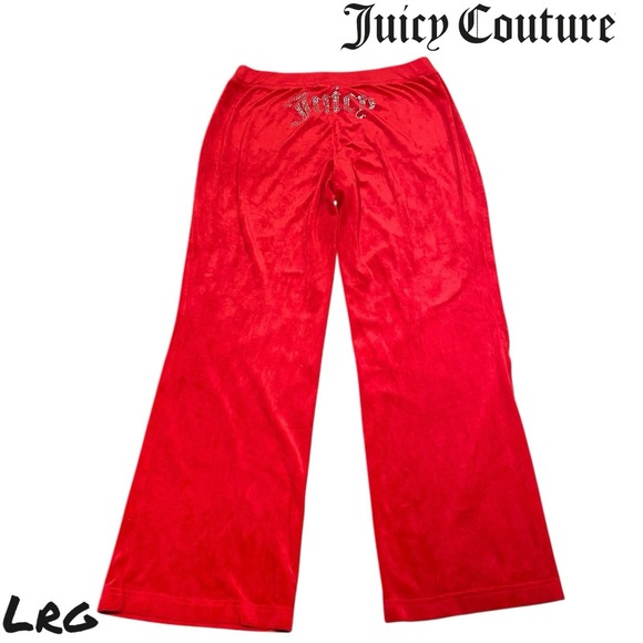 Juicy Couture Pants - Juicy Couture Velour‎ Red LARGE Rhinestone Spell-out Sweatpants Flare Leg Y2k